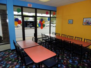 One of our brightly colored birthday party rooms.